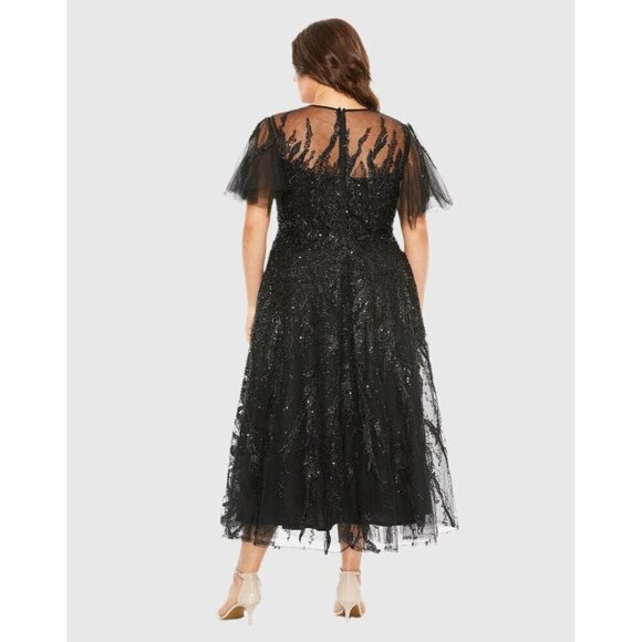 MAC DUGGAL Size 22 Black 20477 Flutter Sleeve Embellished Cocktail Midi Dress - Picture 3 of 10